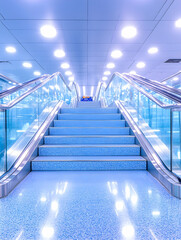 Fototapeta premium Blue escalator ascending in modern building interior