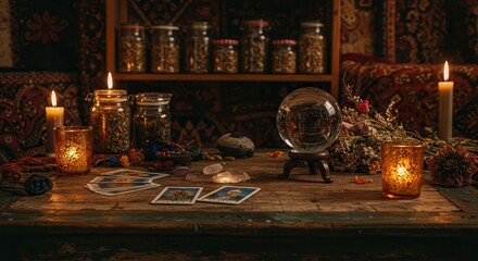 Crystal Ball and Tarot Cards on Wooden Table with Candlelight