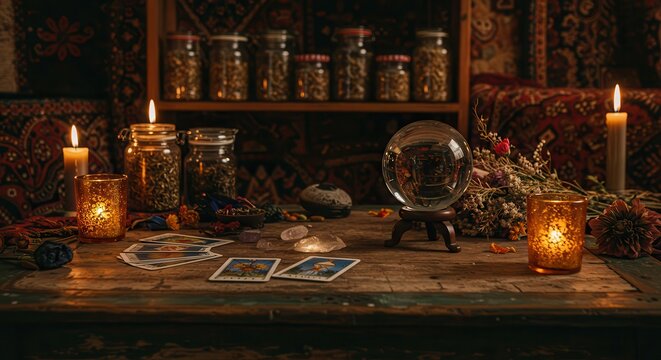 Crystal Ball and Tarot Cards on Wooden Table with Candlelight