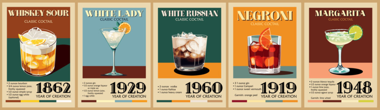 Set of Cocktail retro posters with recipe. Classic White Russian, Negroni, Margarita cocktails digital print. Popular alcohol drinks. Vintage vector illustration, bar, pub, restaurant, kitchen decor