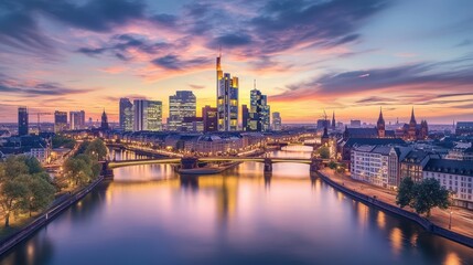 Fototapeta premium Frankfurt's mesmerizing skyline at sunset, a breathtaking panorama of city lights reflecting on the calm river, creating a magical, tranquil ambiance.