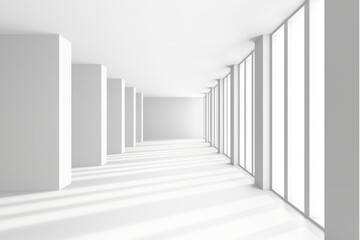 Obraz premium Modern minimalist interior with sunlit windows and geometric columns. 3d render