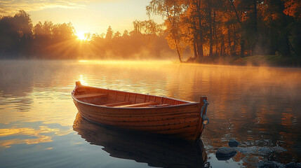 Fototapeta premium A tranquil wooden boat floats on a misty lake as the golden sunrise lights up the autumn trees.