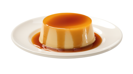 Close up shot of a caramel flan dessert on a white plate with a dark background in studio lightisolated on transparent background	