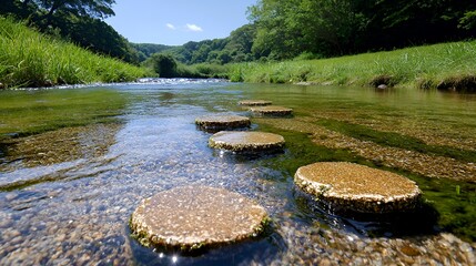 Stepping Stones in Clear River Water Leads to Lush Green Scenery Under Sunny Sky