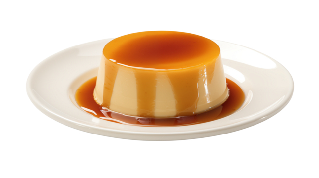 Close up shot of a caramel flan dessert on a white plate with a dark background in studio lightisolated on transparent background	