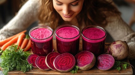 A woman enjoying three glasses of vibrant beetroot juice with fresh vegetables on a wooden table.