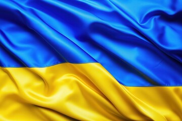 A close-up of the Ukrainian flag, showcasing the blue and yellow colors in a silky texture.