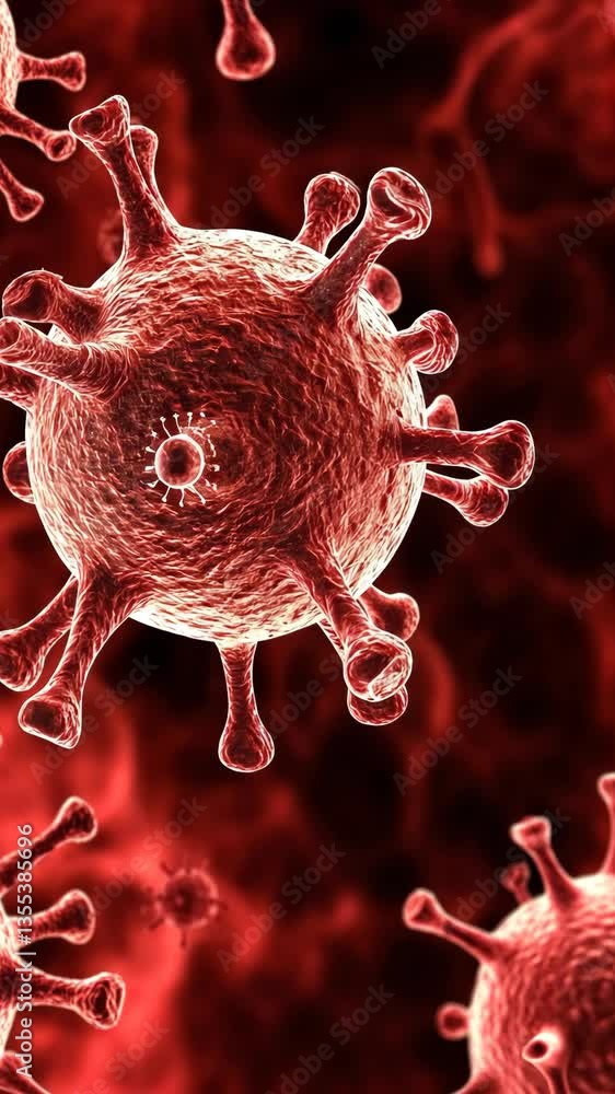 Poster red virus particles in a microscopic view showcase the complexity of viral structures and their pote