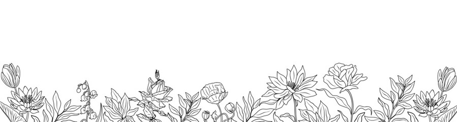 Wild blooming meadow flowers, plants seamless border. Horizontal banner, floral overlay backdrop. Botanical monochrome ink sketch style hand drawn vector illustration isolated 