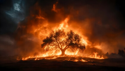 Burning olive tree at night, wildfire landscape