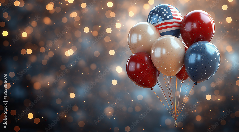 Poster light beige background with american flag-themed balloons and colorful strings