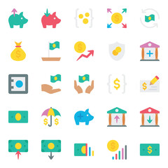 Flat color icons set for Money investment and savings.