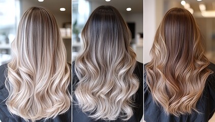 Fototapeta premium Hair Colors Ombre, Balayage, Blonde, Brown, Dark Grey on Girl Model with Long Wavy, Straight, Curly Hair