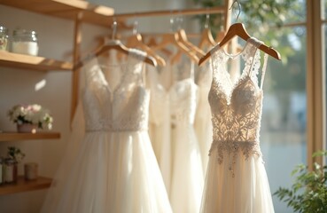 Wedding dresses hanging in bridal shop. White gowns on hangers, store interior. Dresses displayed in boutique. Special day, bride preparation. Wedding celebration planning. Bridal fashion, elegant