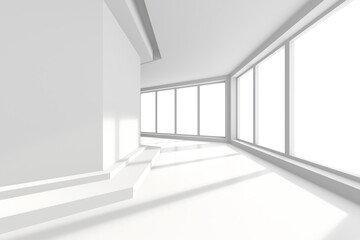 Modern minimalist empty white room interior with large windows and soft natural light. 3d render