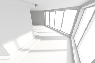 Fototapeta premium Minimalist sunlit modern interior with large windows, perfect for architectural design. 3d render.