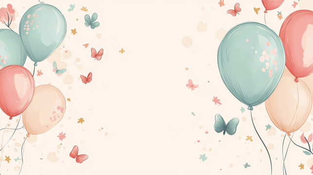 Cute hand drawn doodle birthday party baby shower card brochure invitation cartoon printable template background vector illustration.