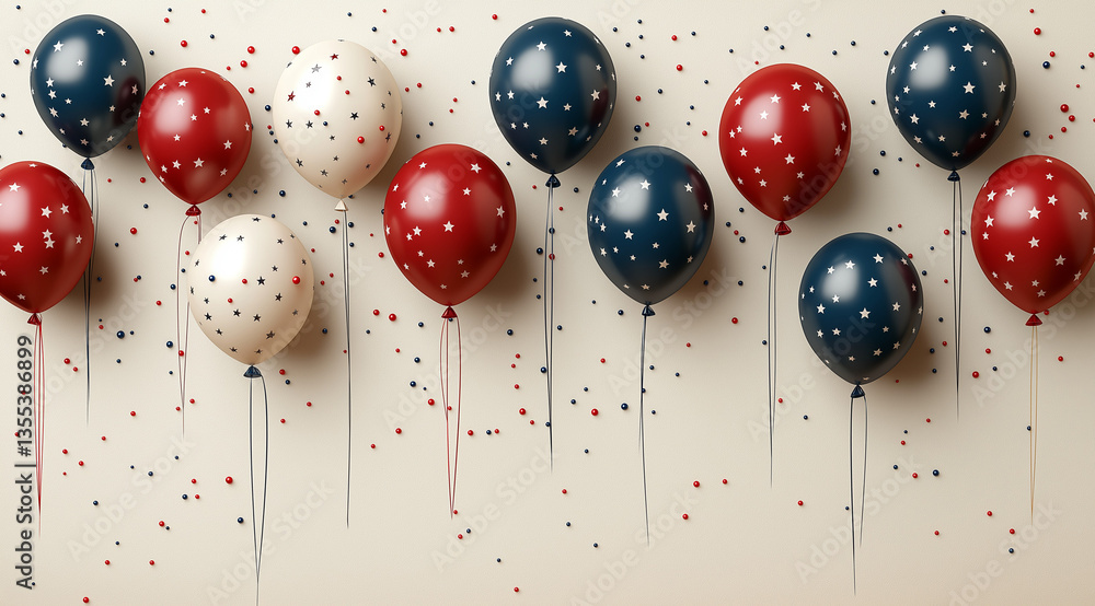 Poster light beige background with american flag-themed balloons and colorful strings