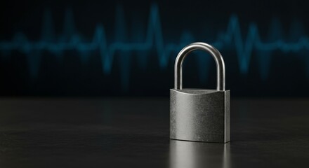 Fototapeta premium A metallic padlock embedded in a glowing blue microchip, symbolizing data protection and cybersecurity. Intricate circuit lines radiate outward, representing the flow of digital information