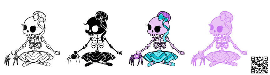 Vector illustration of a Skeleton Ballerina dancing a classical ballet dance, a cute SVG graphic ideal for sublimation print-on-demand (POD) products during the Halloween season.