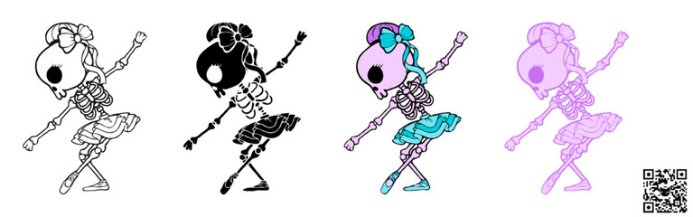 Vector illustration of a Skeleton Ballerina dancing a classical ballet dance, a cute SVG graphic ideal for sublimation print-on-demand (POD) products during the Halloween season.