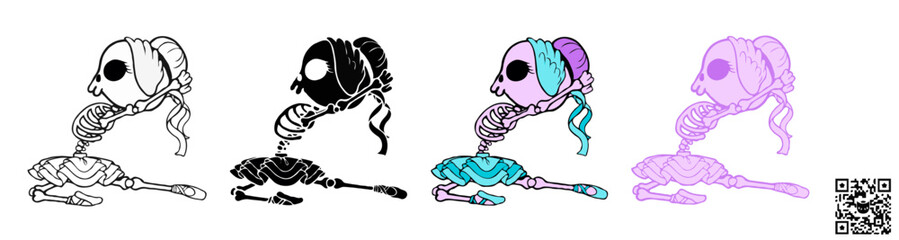 Vector illustration of a Skeleton Ballerina dancing a classical ballet dance, a cute SVG graphic ideal for sublimation print-on-demand (POD) products during the Halloween season.