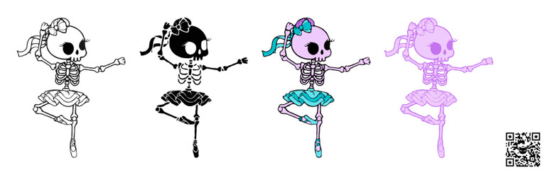 Vector illustration of a Skeleton Ballerina dancing a classical ballet dance, a cute SVG graphic ideal for sublimation print-on-demand (POD) products during the Halloween season.