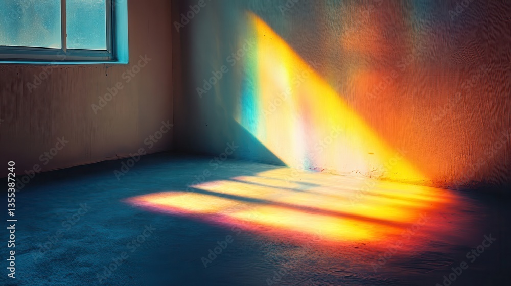 Aufkleber sunlight streams rainbow colors into empty room with textured walls. good image for creative project