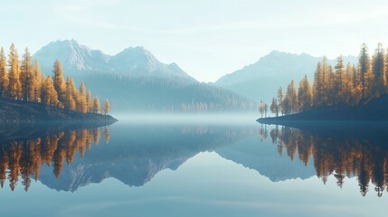 Serene autumn lake reflecting vibrant yellow and orange foliage with snow-capped mountains and cloudy sky in background