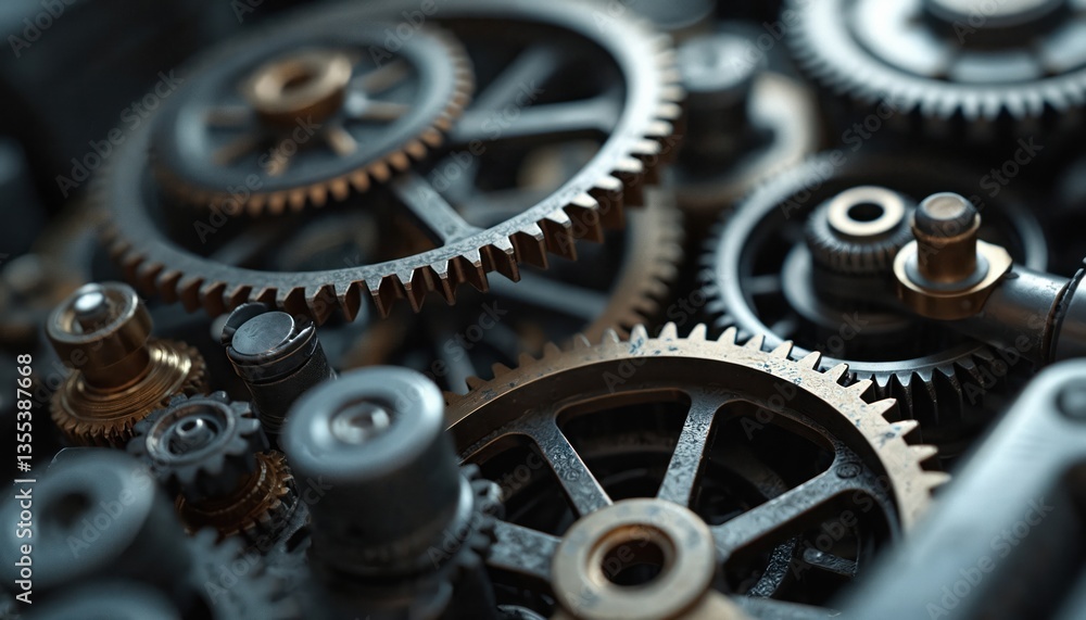 Fototapete close-up view of intricate metallic gears in mechanical engine. precision craftsmanship engineering,