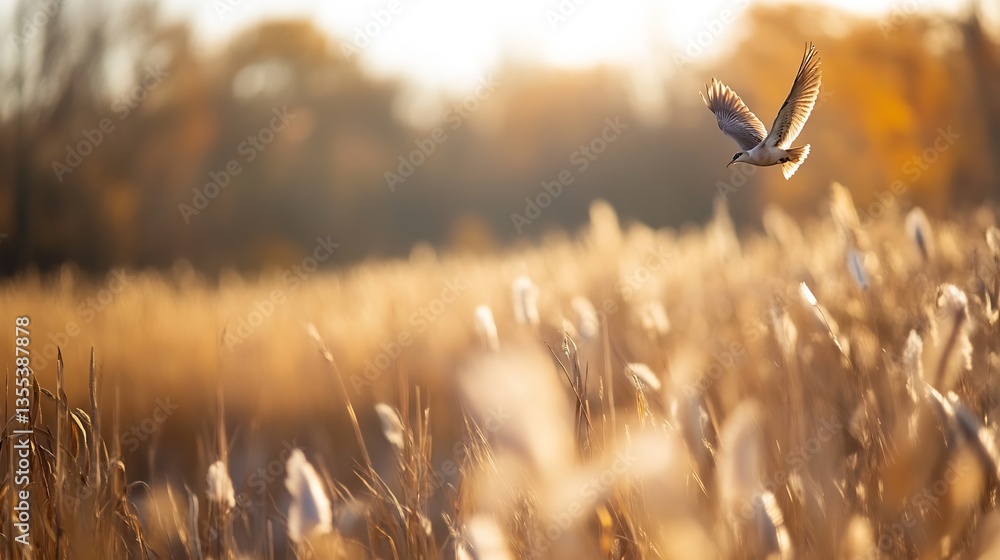 Poster graceful bird in flight over calm golden field during sunset : generative ai
