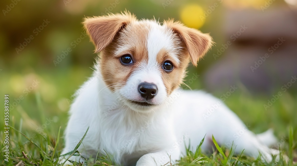 Poster cute playful puppy relaxing in the green grass during a sunny day : generative ai