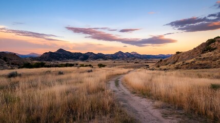 Breathtaking sunset landscape with golden grass field winding through mountain terrain : Generative AI