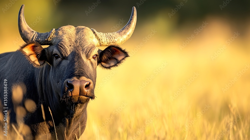 Poster close up of a majestic buffalo gazing into the camera amidst a golden grass field : generative ai