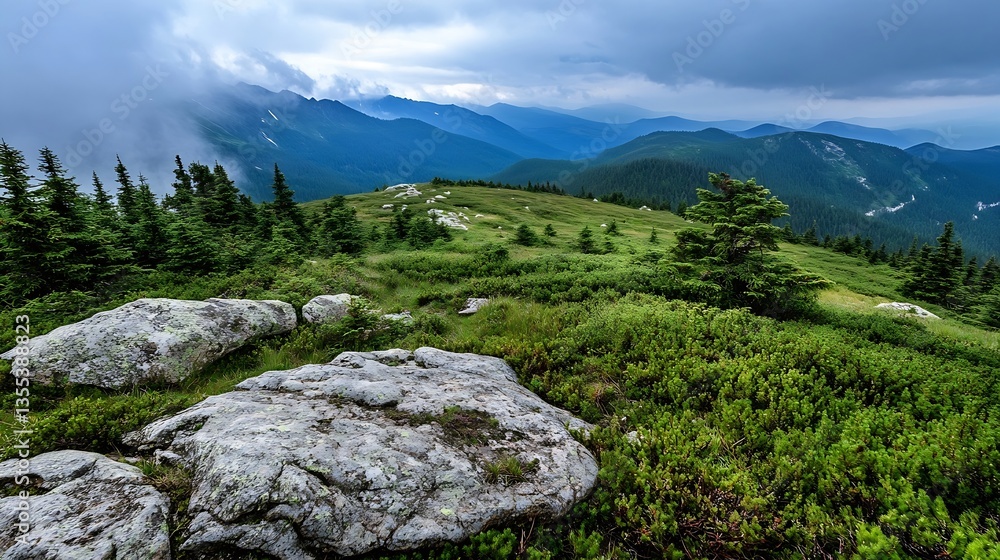 Poster breathtaking panoramic view of lush green mountains and rocky terrain under a mysterious cloudy sky 