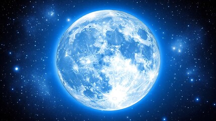 Fototapeta premium A luminous blue full moon is surrounded by numerous small stars