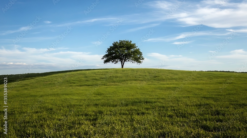 Poster lonely tree standing majestically on a grassy hill under a bright sky in a picturesque rural setting