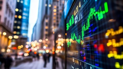 Fototapeta premium Dynamic stock market display with vibrant graph trends and city backdrop showcasing financial activity : Generative AI