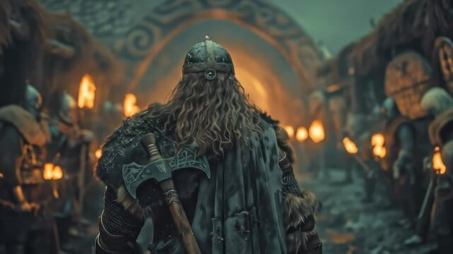 A view of a Viking walking through a corridor full of heavy armoured shoulders
