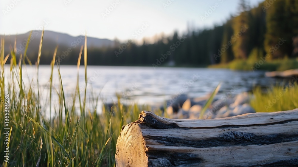 Poster Tranquil Lake View with a Log and Grass Surrounded by Pine Forest Under Clear Skies : Generative AI
