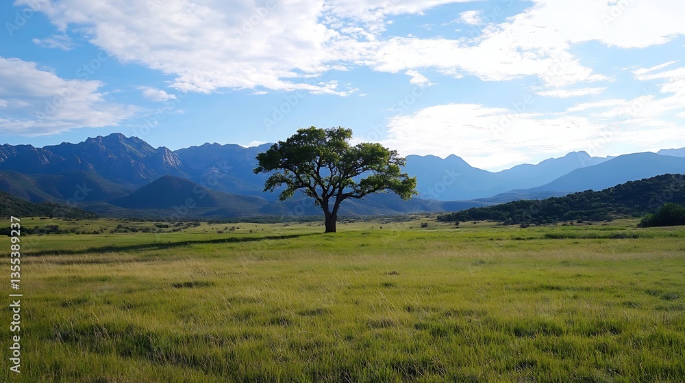 Poster tranquil landscape featuring a solitary tree against a backdrop of rolling mountains and clear blue 