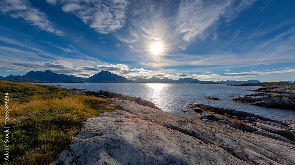 Poster spectacular seascape with sun setting over calm water and green hills in the background : generative