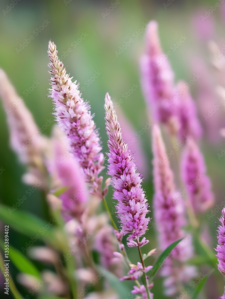 Poster beautiful clusters of pink flowers in a lush green field captured in soft focus : generative ai