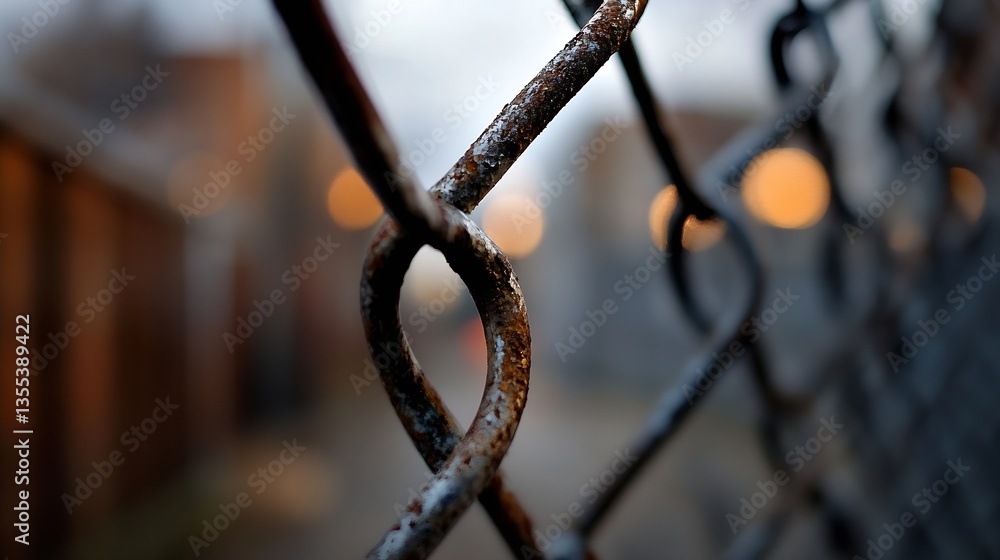 Aufkleber Rusty metal chain link fence creating a blurred urban background with soft bokeh lights : Generative AI