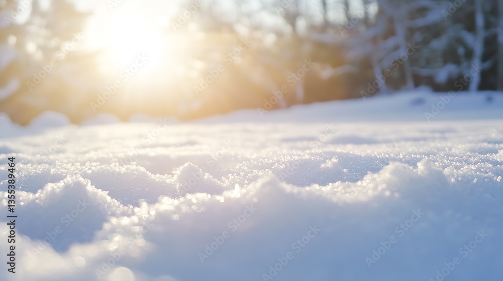 Poster glistening snowflakes on a serene snowy landscape with the sun shining through trees : generative ai