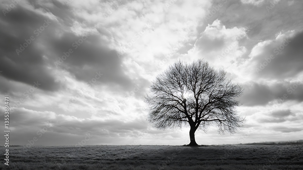Poster stunning silhouette of a leafless tree against a dramatic cloudy sky creating an atmospheric landsca
