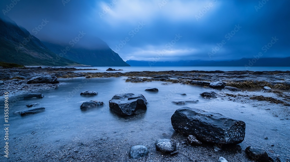 Poster mysterious rocky shoreline under moody clouds reflecting on still water at twilight : generative ai