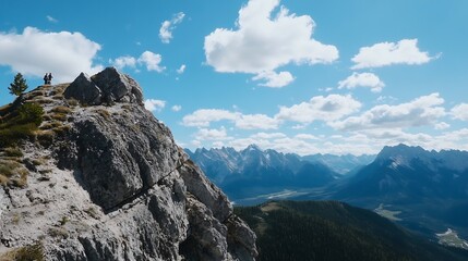 Stunning panoramic view of rocky mountains under bright blue skies with fluffy clouds : Generative AI