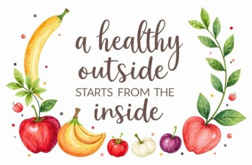 Colorful fruit illustrations with motivational quote on health  